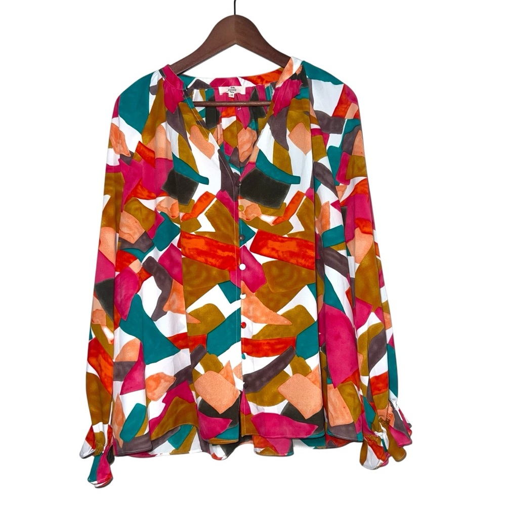 Entro Multicolor Geometric Colorful‎ Abstract Blouse Long sSeeve Size Medium